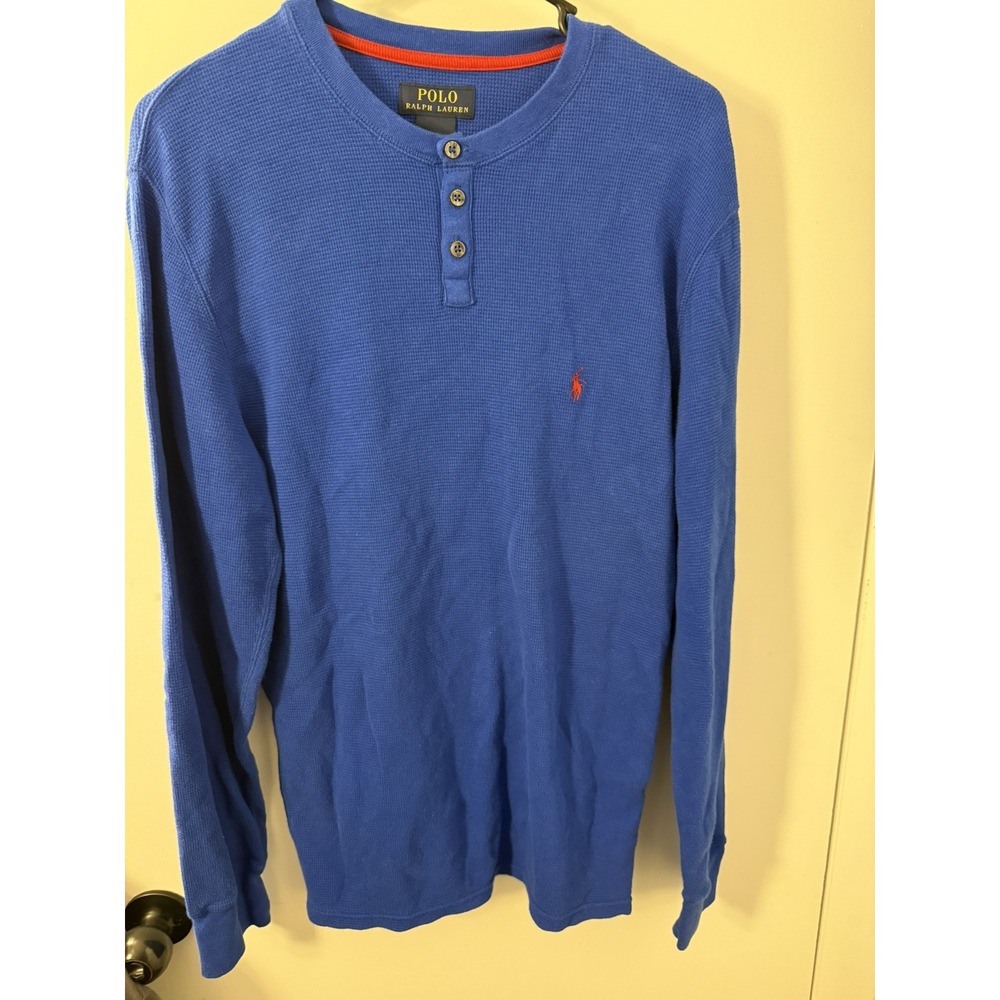 Polo Ralph Lauren Kids XL Blue Waffle Knit Long Sleeve Henley Shirt Red Pony - Picture 1 of 6